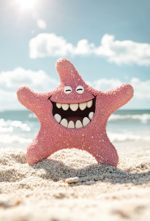 Cute starfish with exaggerated smile on beachの素材