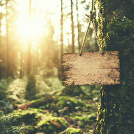 Wooden sign hanging in the forest with sunlightの素材