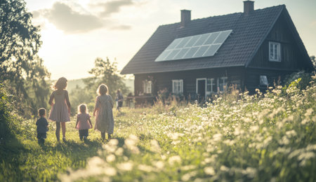 Children and parents walking toward a solar home in natureの素材