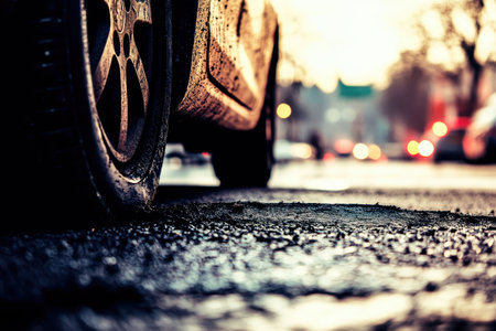 Close-up of muddy car tire on cracked wet road with blurred backgroundの素材