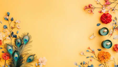 Floral Arrangement with Peacock Feathers on Yellow Backgroundの素材