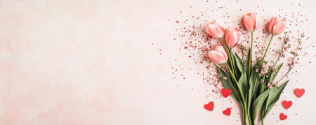 Pink tulips with red hearts for Valentines Day celebrationの素材