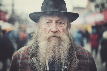 Elderly man with a long beard and hat in a busy streetの素材