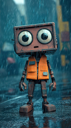 AI Robot Character with Big Eyes in the Rainの素材