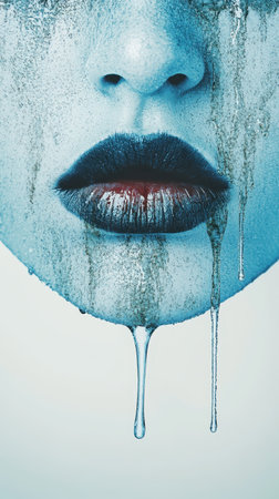Close-up of a blue-painted face with melting tearsの素材