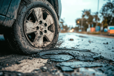Dirty car tire on a cracked road with streetlightsの素材