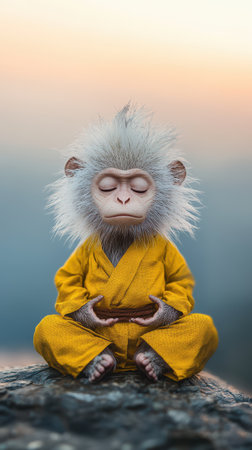 Monkey in Yellow Kimono, Meditating on Rock with Calm Expressionの素材