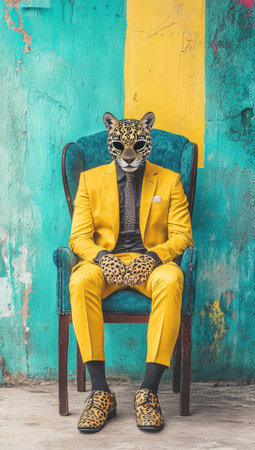 Stylish man with leopard head in yellow suit sitting on a chairの素材