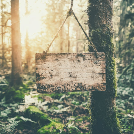Rustic wooden sign hanging on tree in forest sunlightの素材