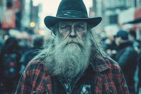 Elderly Man with Long Beard, Hat, and Serious Expression in Urban Settingの素材