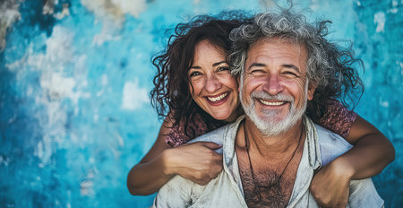 Senior couple smiling together with blue backgroundの素材