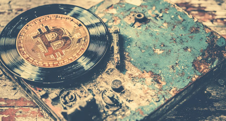 Worn-out record player with Bitcoin symbol and coinの素材