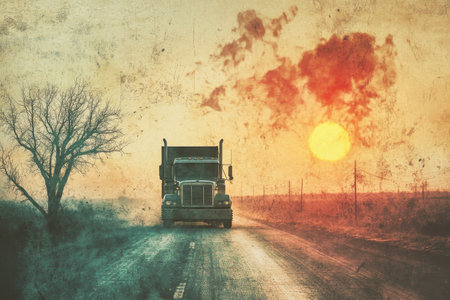 Vintage truck driving on a foggy highway at sunsetの素材