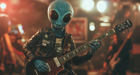 Alien playing electric guitar at a music venueの素材