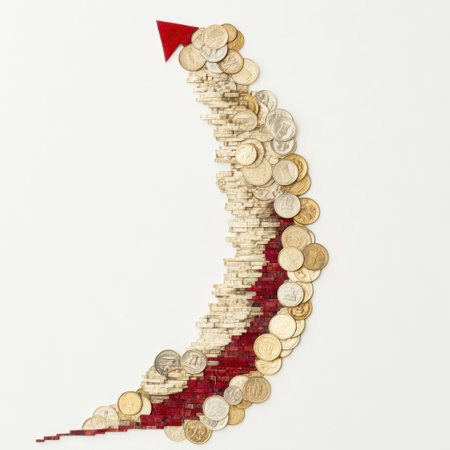 Coins forming a growing arrow symbolizing financial successの素材