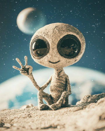 Alien Figurine Waving on Moon with Planetary Backgroundの素材