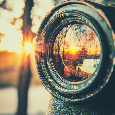 Camera lens focusing on a sunset reflectionの素材