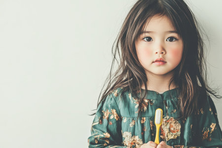Portrait of a girl with toothbrush standing by a light-colored wallの素材
