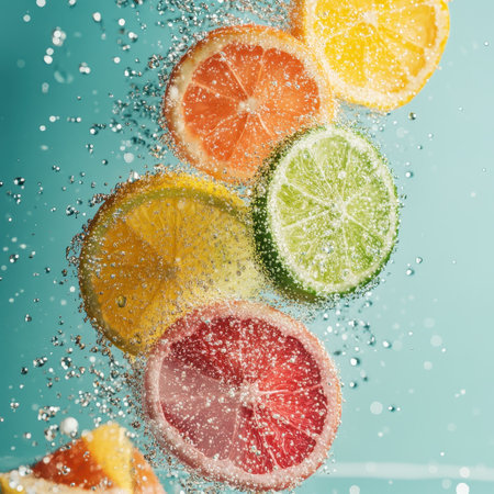 Citrus slices in water with refreshing bubbles and vibrant splashの素材