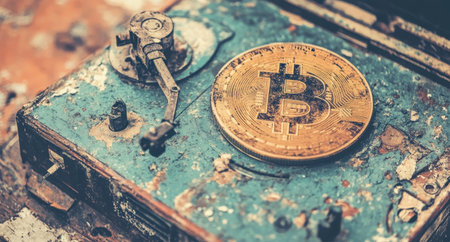 Bitcoin coin on vintage record player with worn-out detailsの素材