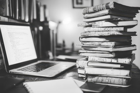 Stacked Books and Laptop on Desk, Black and White Photographyの素材