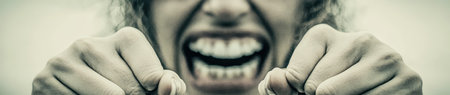 Woman showing teeth in aggressive facial expressionの素材