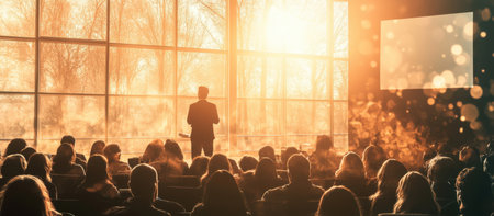 Business presentation with audience in a bright roomの素材