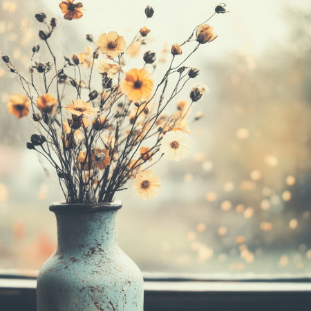 Dried Yellow Flowers in a Vase by the Windowの素材