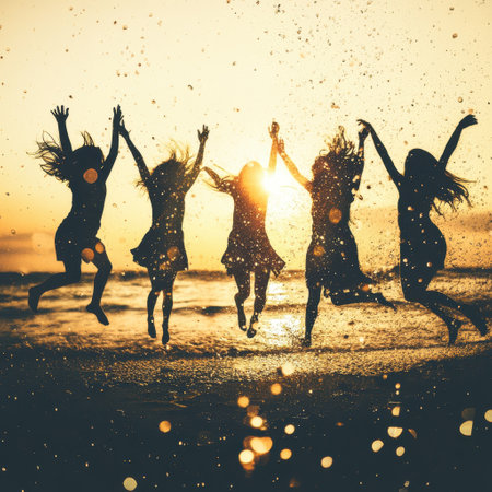 Group of women dancing at sunset on the beachの素材