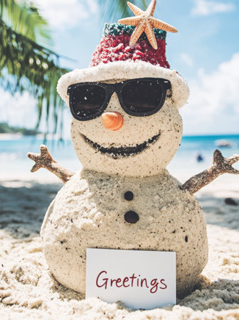 Sand snowman wearing sunglasses on beach with greetingの素材