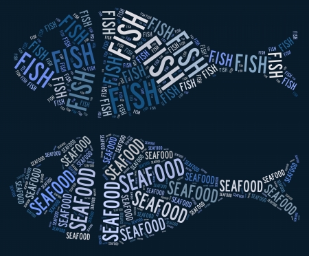 Fish and seafood text graphic and arrangement concept on blue background. Very large file.の写真素材