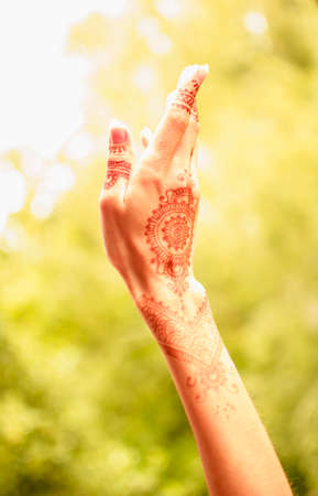 Female hand painted with henna Buddhist signsの写真素材