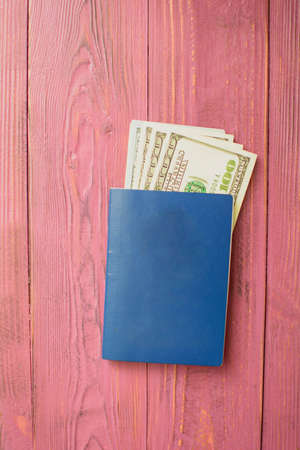 International passport and money for travel on a pink backgroundの写真素材