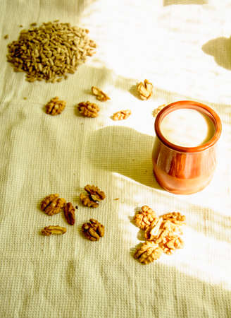 Fresh tasty flavored vegetable milk with nuts and seedsの写真素材