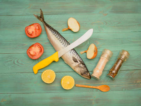 Cooking pickled mackerel for bakingの写真素材
