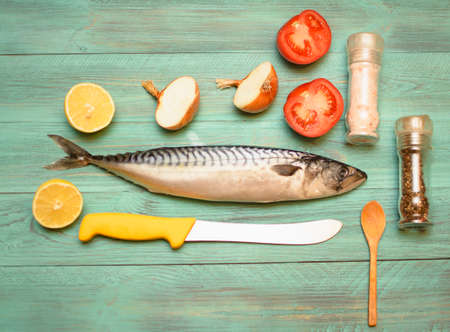 Cooking pickled mackerel for bakingの写真素材