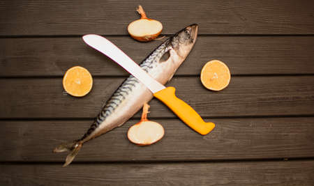 Cooking pickled mackerel for bakingの写真素材