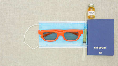 Medical vaccine against coronavirus close-up, covid 19, vaccination, injections, syringes, medical masksの写真素材