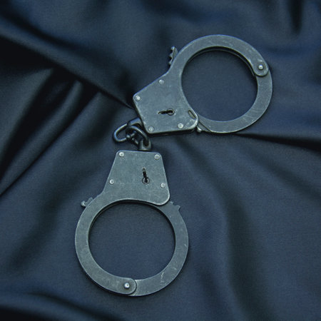 Handcuffs on a black satin background, close-upの写真素材