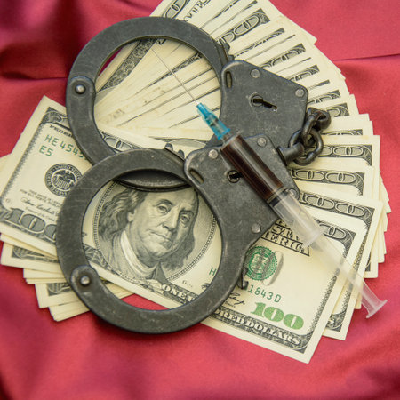 Handcuffs with money and syringe on red satin background