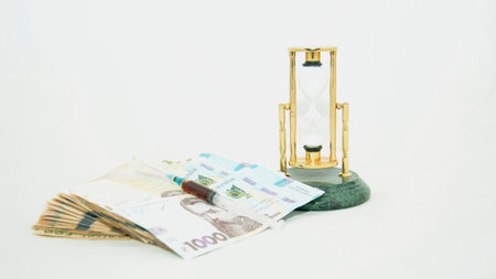 Time is money. Hourglass and banknotes on a white background.の写真素材