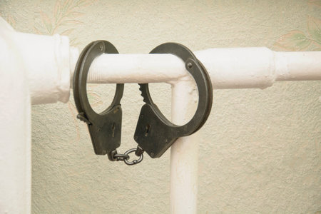 handcuffs on a white fence, close-up, background