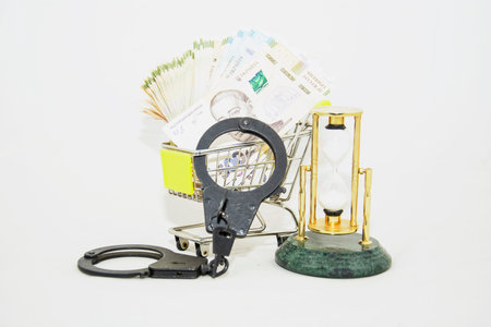 Trolley and hourglass with euro banknotes on a white background
