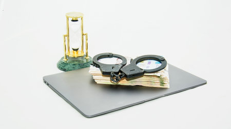 Handcuffs and money on the black laptop isolated on white background