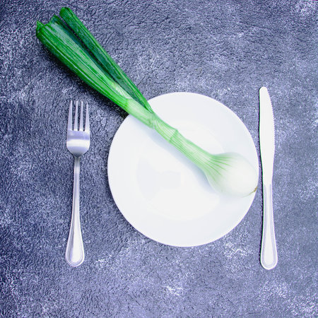 Green onion on a white plate, fork and knife on a concrete backgroundの写真素材