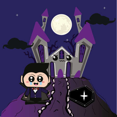 Vampire kawaii with a scary castle. Halloween cartoon - Vectorのイラスト素材
