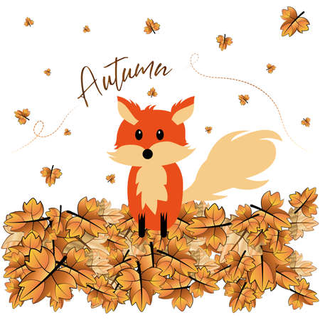 Little fox on dry leaves. Autumn season - Vectorのイラスト素材