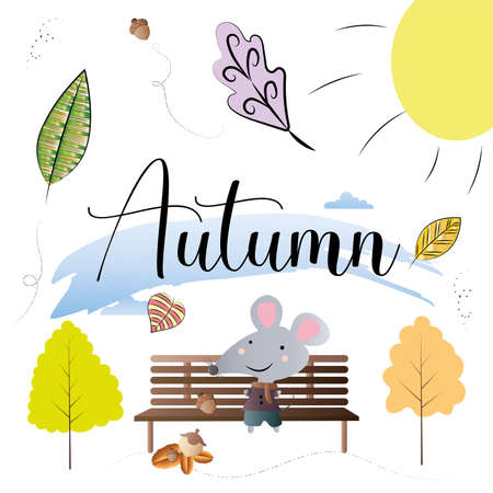 Mouse cartoon on a bench. Autumn season - Vectorのイラスト素材