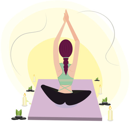 Hygge lifestyle. Girl doing yoga exercises - Vector illustrationのイラスト素材