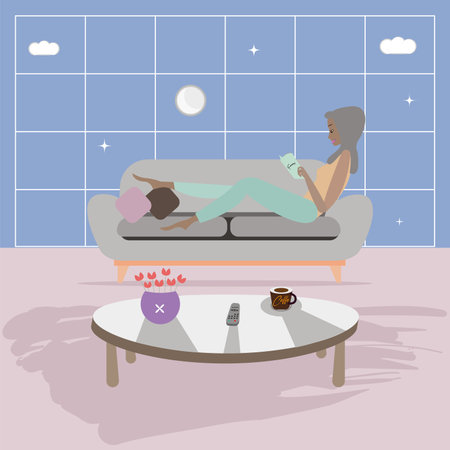 Hygge lifestyle. Girl reading a book - Vector illustrationのイラスト素材